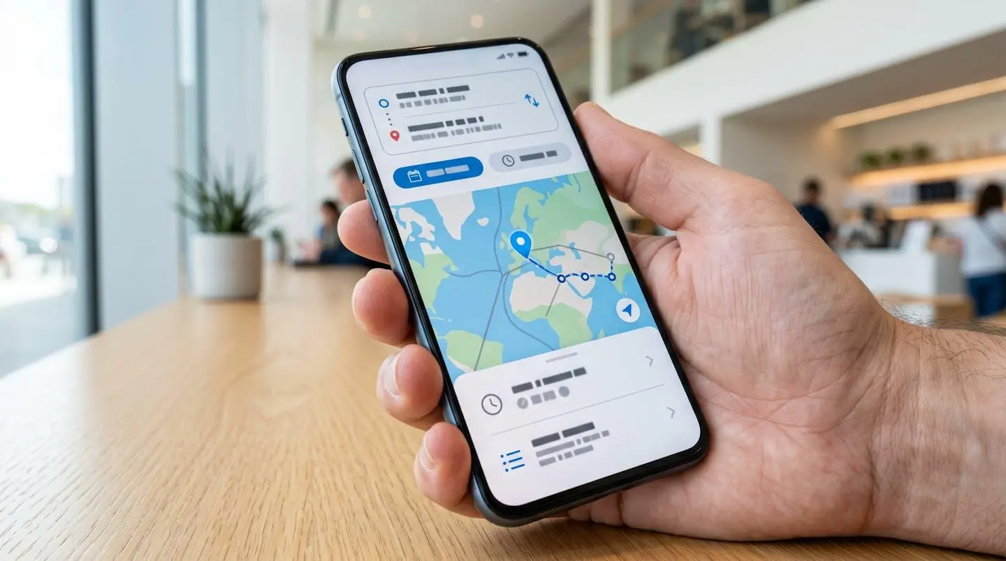 Close-up of a hand holding a smartphone displaying a travel app interface with route map and controls, shallow depth of field with blurred cafe background