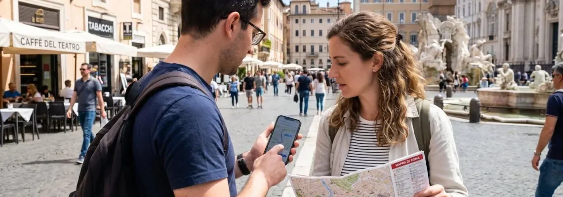 Two travelers seen from behind consulting a smartphone and paper map together in a sunlit Italian piazza with historic buildings in the background