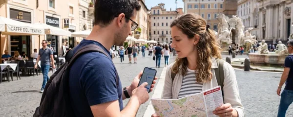 Two travelers seen from behind consulting a smartphone and paper map together in a sunlit Italian piazza with historic buildings in the background