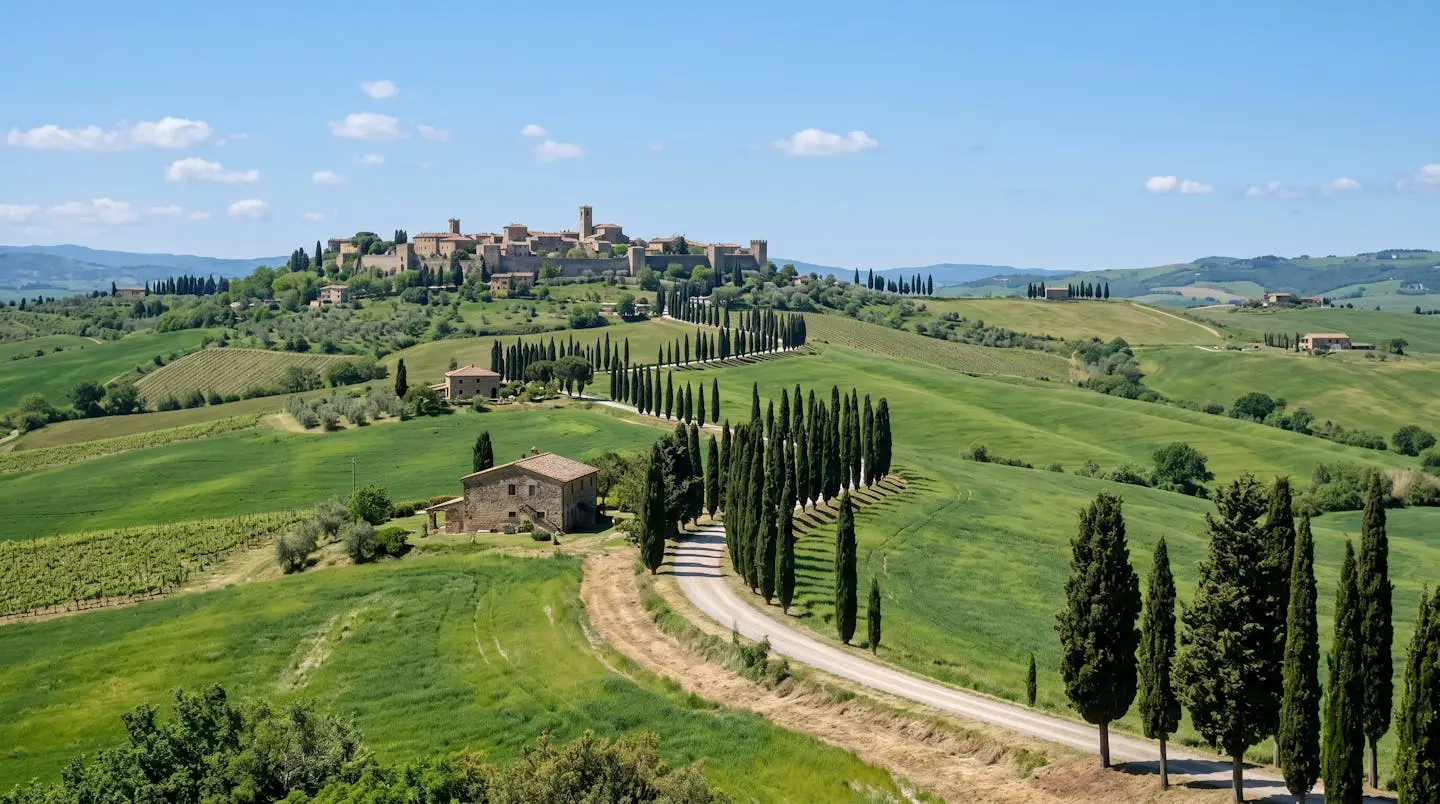 Wide angle view of Tuscany countryside with rolling green hills, rows of cypress trees, and medieval architecture on a distant hilltop under bright sunlight