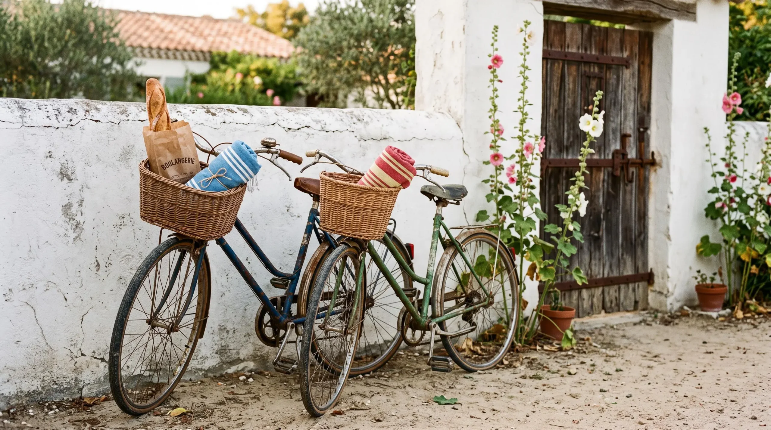 Two bicycles with baskets parked against a whitewashed villa wall on sandy ground.