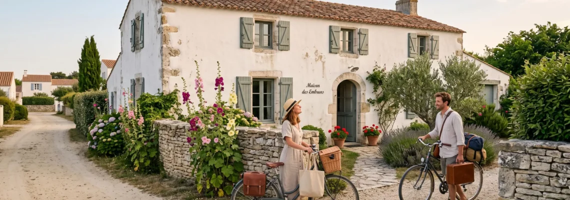 A couple arriving by bicycle in front of a whitewashed villa on Île de Ré.
