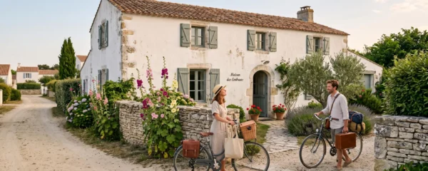 A couple arriving by bicycle in front of a whitewashed villa on Île de Ré.