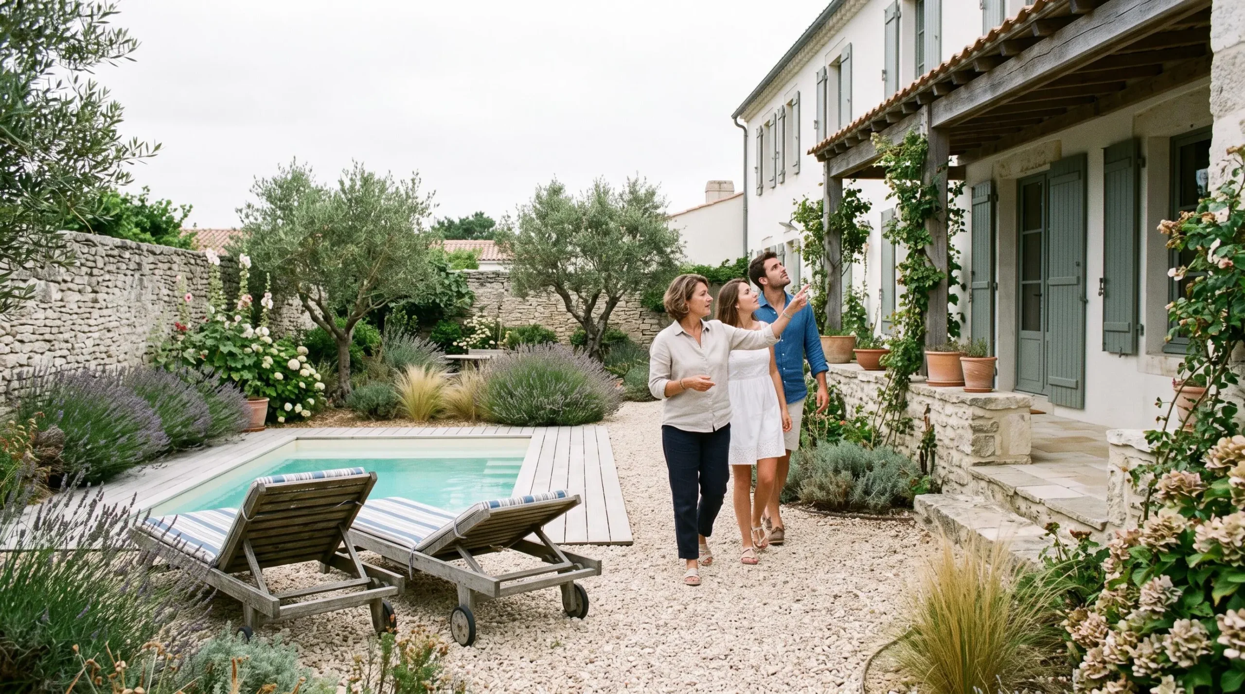 A host showing a couple the garden and terrace of a villa they may rent.