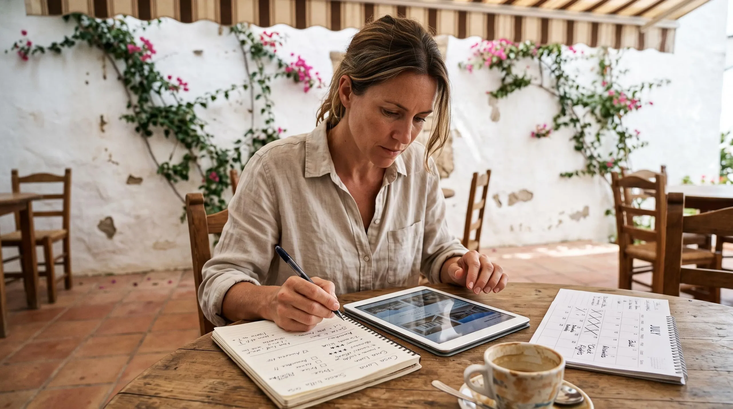 A woman comparing rental listings on a tablet with a calendar and notebook on a terrace table.